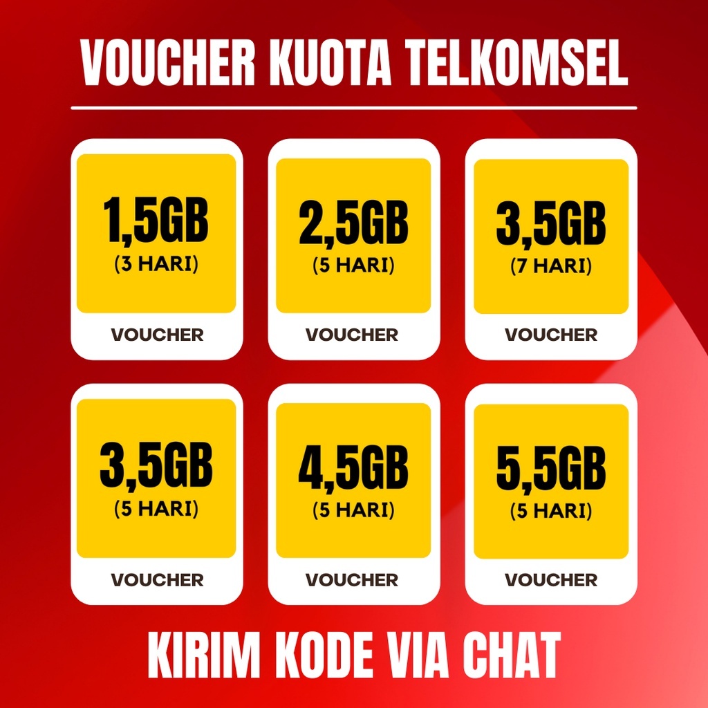 Voucher Kuota Data Telkomsel 1,5GB 2,5GB 3,5GB 4,5GB 5,5GB | Kirim Kode Via Chat Atau Inject