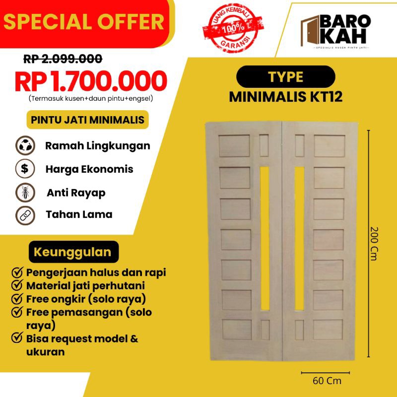 Pintu kupu tarung Kayu jati Fullset(kusen+pintu) TYPE Minimalis KT012 || 120×200 Cm
