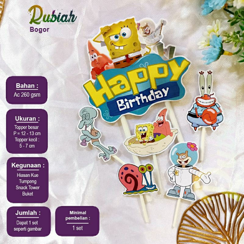 Cake Topper Karakter Spongebob 3 Happy Birthday 1 set / Hiasan Tusukan Kue Tart Ulang Tahun Anak