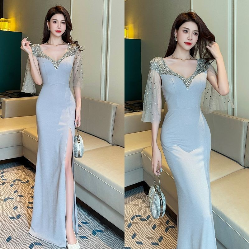 Noble Elegant Graceful Evening Dress Women's Ladies Banquet Handmade Rhinestone Star Host Long Dress