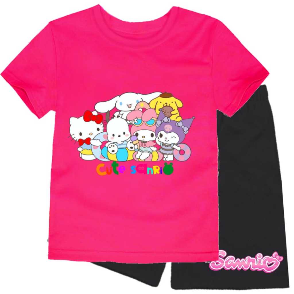 stelan atasan kaos oblong santai lengan pendek celana pendek anak cewek-perempuan motif sanrio bahan