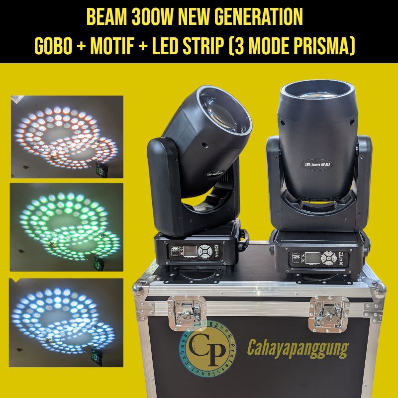 Moving Beam 300W Lighting Panggung New Generation LED Beam 300W Gobo+Motif+Led Strip ( 3 Mode Prisma