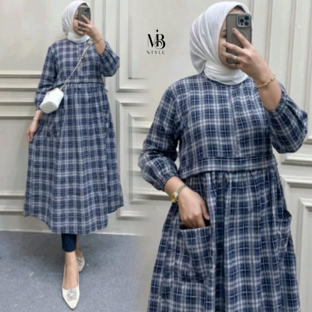MIB Adiba Midi - Midi Dress Lengan Panjang Motif Kotak - Midi Gamis Motif Hijab