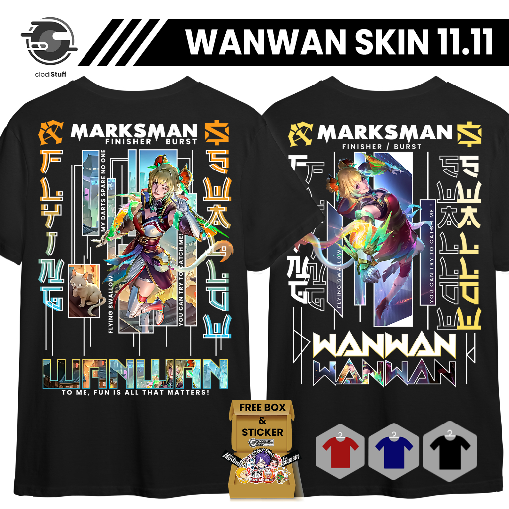 Kaos MLBB WANWAN 11.11 Marksman Skin MM Mobile Legends Lengan Pendek Hitam Combed 24s ML Distro