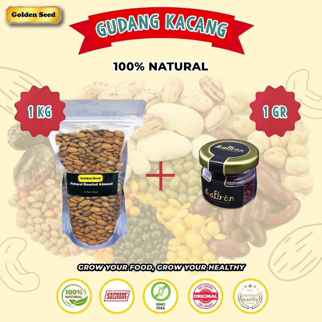 

[ FREE 1 GR SAFFRON ] KACANG ALMOND PANGGANG 1KG PREMIUM - ROASTED ALMOND 1000 GRAM FREE SAFRON