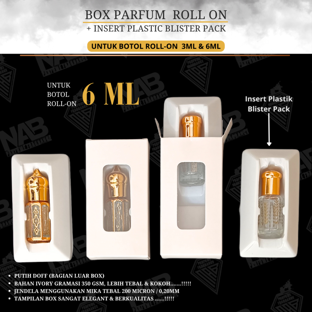 

10 PCS _ BOX PARFUM TOLA ROLL ON / STICK 3ML & 6ML MEWAH + INSERT PLASTIC PUTIH PACK / DUS PARFUM