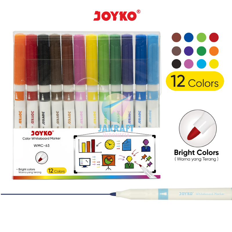 

AT (12 Pcs) Set Spidol Papan Tulis Segala Jenis Set 12 Warna JOYKO WMC-63 Erasable Whiteboard