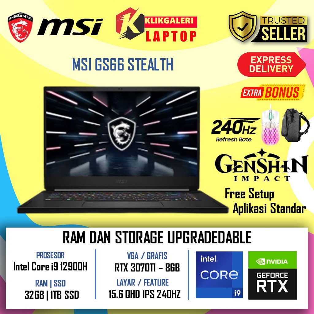 Laptop Gaming MSi GS66 Stealth Intel i9 12900H RTX3070Ti 8GB 32GB 2TB 15.6 QHD IPS 240Hz W11 - BLACK