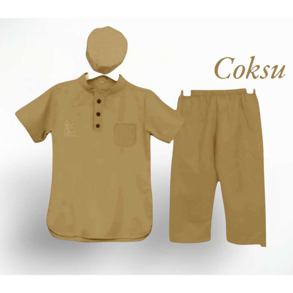 1 Stel Stelan Baju Koko Anak Terbaru Plus Peci Usia 1 - 10 Tahun / Pakaian Muslim Anak Laki-Laki
