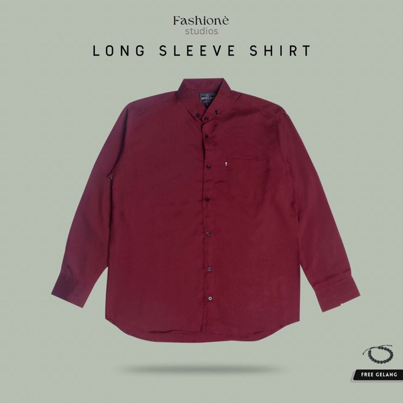 Kemeja Polos Pria Lengan Panjang Hem Slimfit Bahan Licin Klambi Cowok Kelambi Warna Maroon Premium