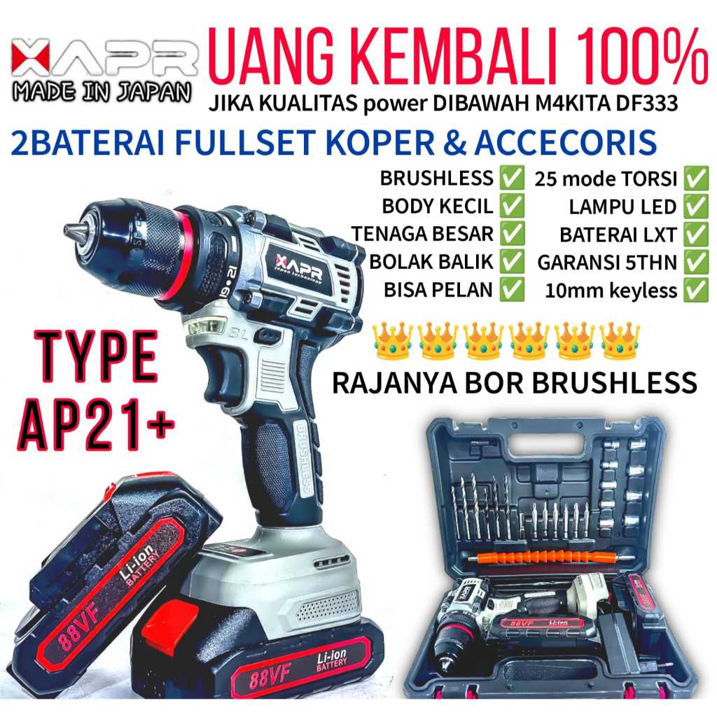 APR TYPE AP21+ BOR BRUSHLESS 10mm keyless auto lock 2batrai 88vf lxt bor besi kayu driver skrup dril