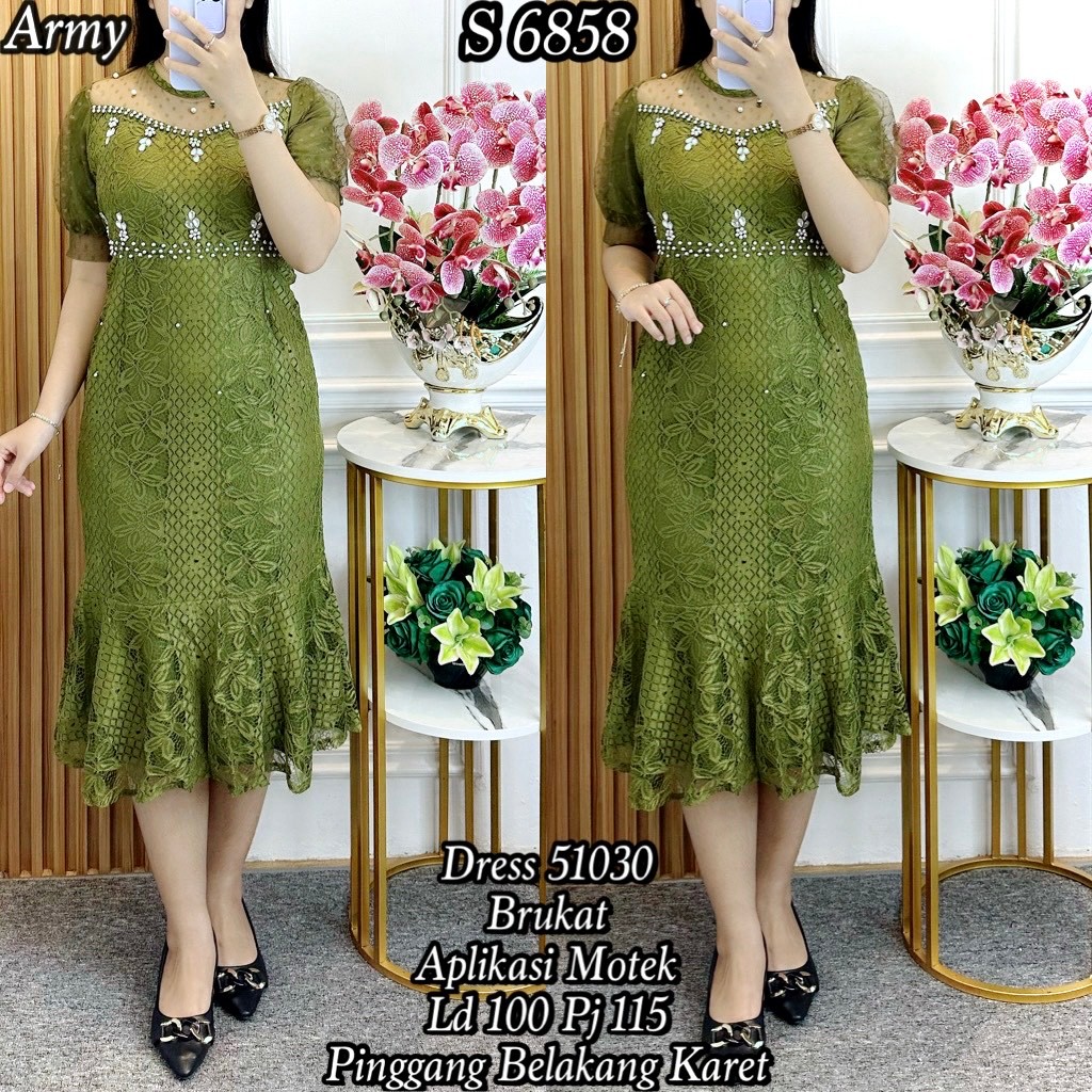 6858 #Dress Duyung Brukat Army Permata Gaun Pesta Kondangan Wanita