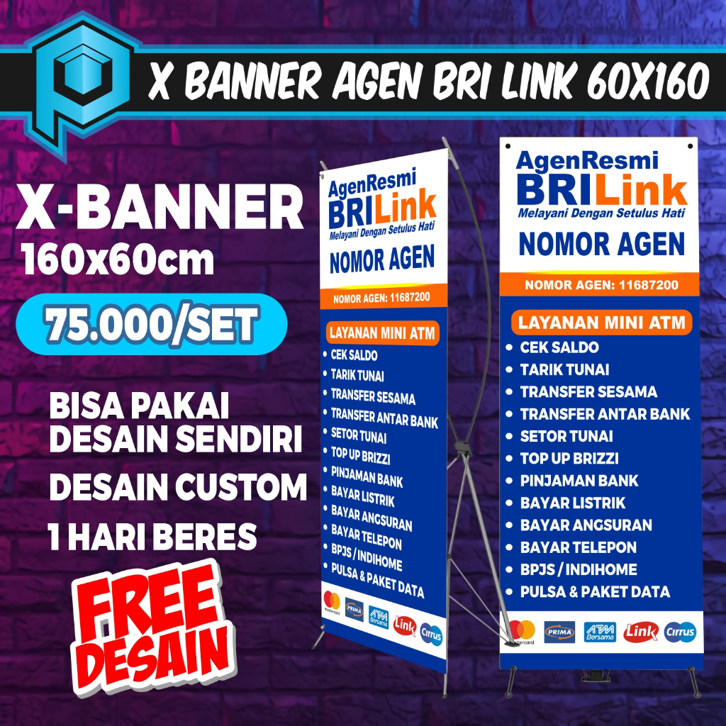 X-BANNER AGEN RESMI BRI LINK/ STANDING BANNER AGEN BRI LINK UKURAN 160X60/BISA PAKAI DESAIN SENDIRI