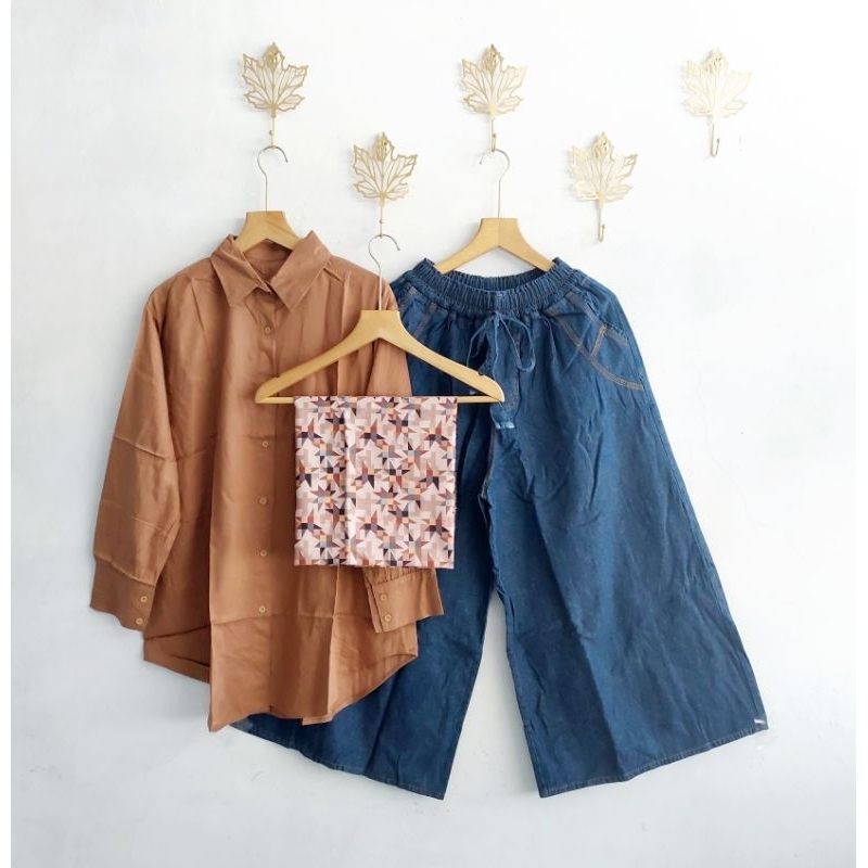 SETELAN KULOT JEANS JUMBO KEMEJA RAYON JUMBO // Kemeja Rayon Set  Kulot Jeans Jumbo+Hijab Voal