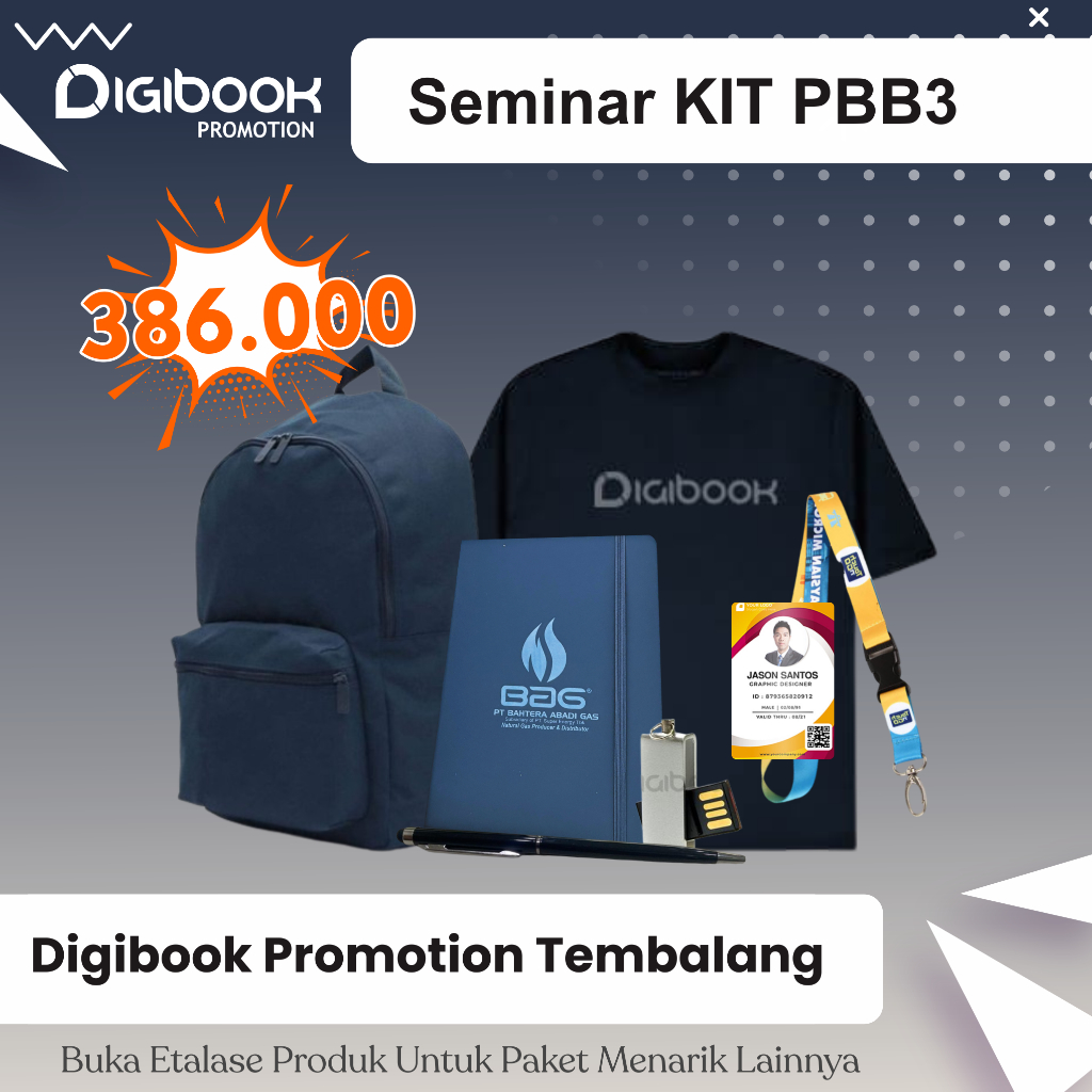 

Tas Backpack Cordura, Notebook Kulit Karet, Pulpen Besi Grafir, Kaos Cotton Combed, Flashdisk Besi, IdCard Lanyard | Paket Seminar Kit isi 6 | PBB3.2