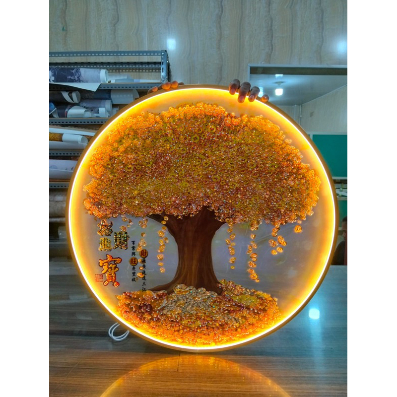 LED Porcelain Painting Crystal 5D Bulat Motif Pohon Emas dan Tulisan China Wall Decor Hiasan Dinding