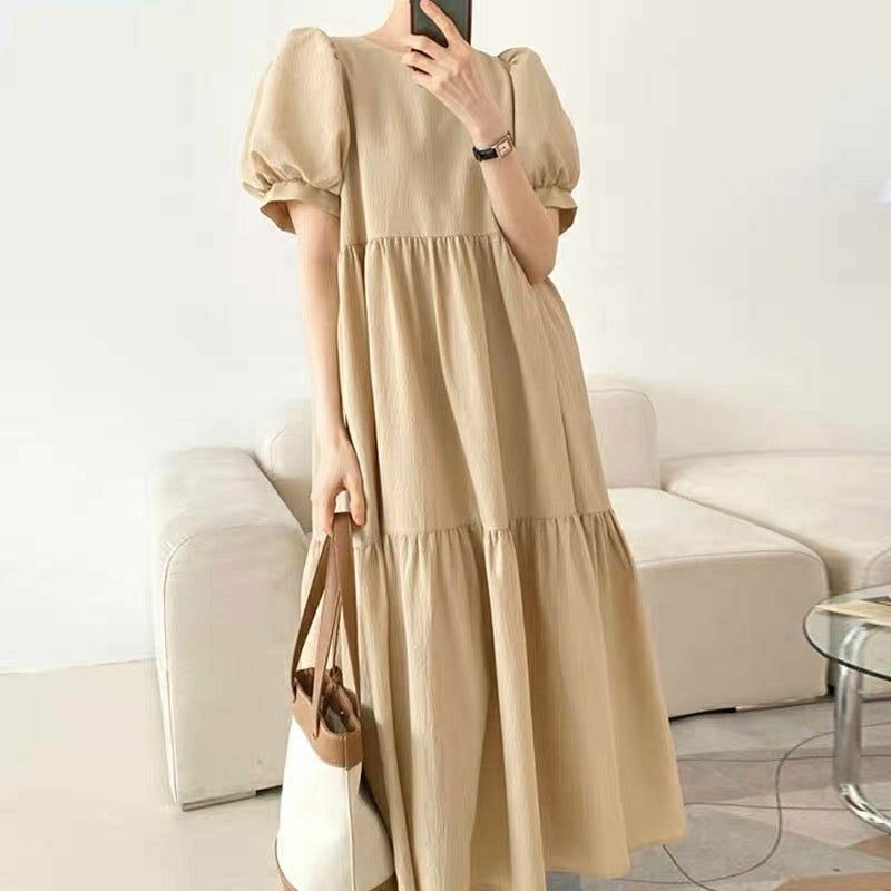 Midi Dres bahan crinkle airflow premium-Dres tangan pendek-Baju midi Dres terbaru viral size L,XL,XX