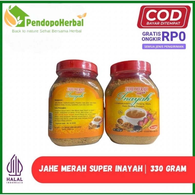 

Jahe Merah Super INAYAH Kemasan Toples 330gr / Plus Habbatussauda - Ginseng - Madu - Kayu Secang Ori