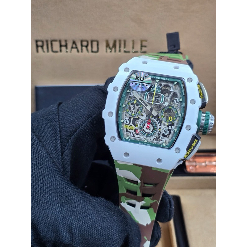 jam tangan pria terbaru jam tangan pria RM011-03 Chronograph GMT Ceramic Dial Watch Sapphire Mirror 