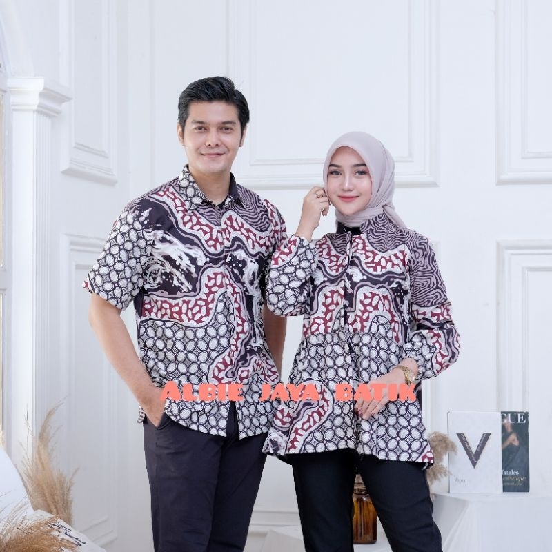 BATIK COUPLE BLOUSE LENGAN BALON DAN KEMEJA LENGAN PENDEK MOTIF CAKRA  MODEL TERBARU DAN KEKINIAN