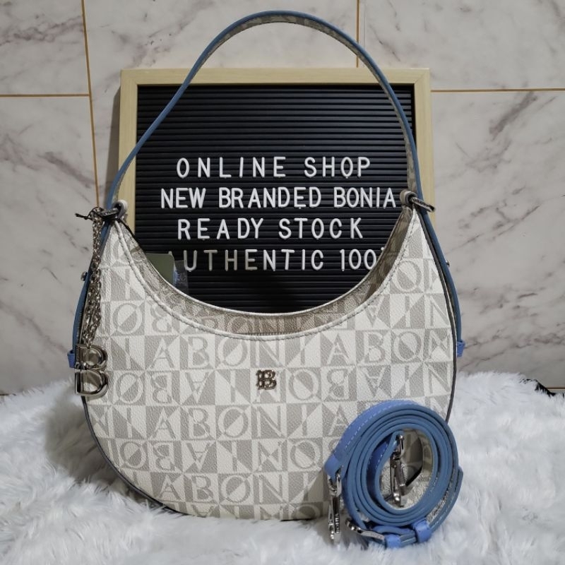 tas bonia original sling shoulder bag monogram putih tali biru