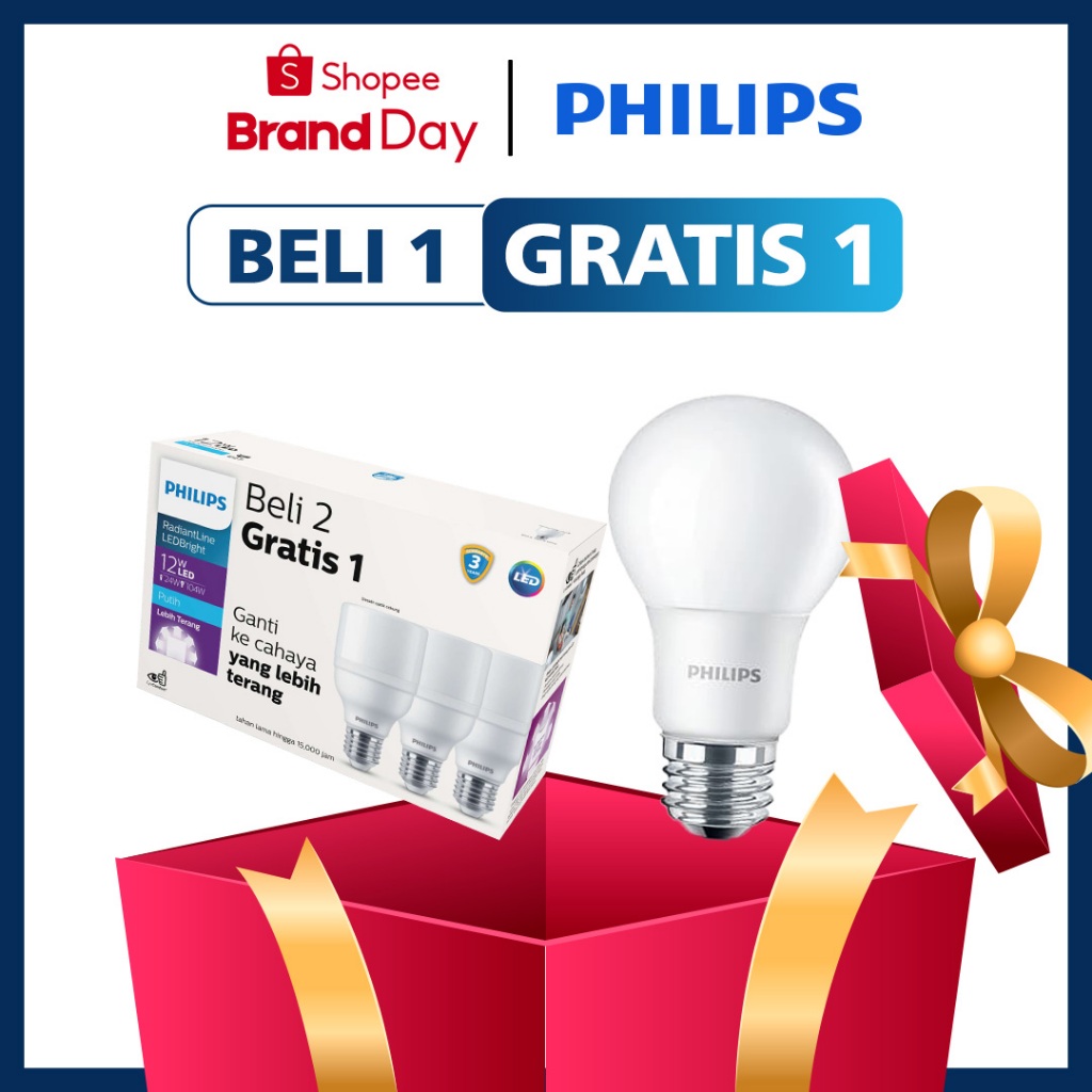 Philips Paket Beli Lampu Multipack Radiant LEDBright 12W Gratis Lampu LED Bulb 8W Putih