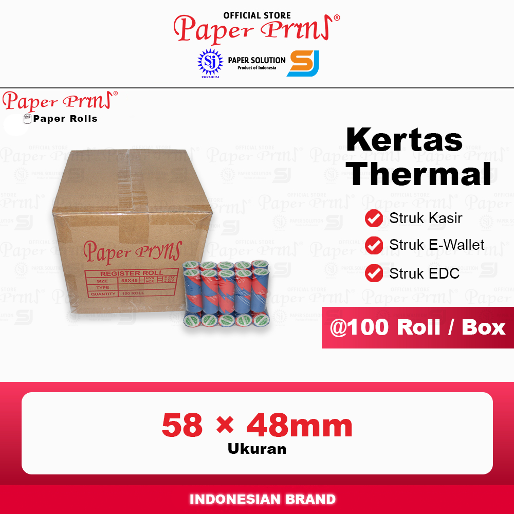 

Kertas Thermal Struk 58x48mm Paperpryns (1 Box isi 100 Roll)