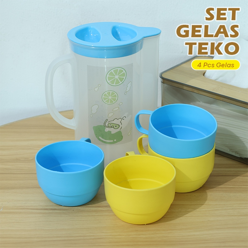 Teko Set 1200ml / Set Teko dan Gelas Jerami / Set Gelas Teko Air / Kettle Plastik 4 Gelas - PBR-GB