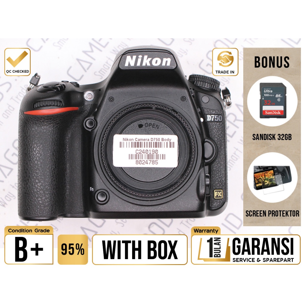 Nikon D750 DSLR Full Frame Camera Body Only  - Grade B+ - C240190 Kamera Profesional Digital SLR Use