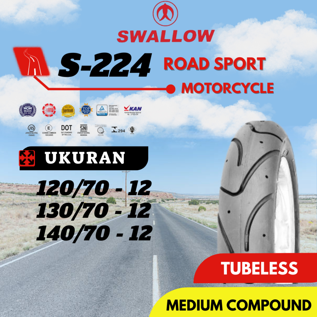 Ban Luar Sepeda Motor Swallow S-224 Ukuran 120/70 130/70 140/70 Ring 12 Tubeless