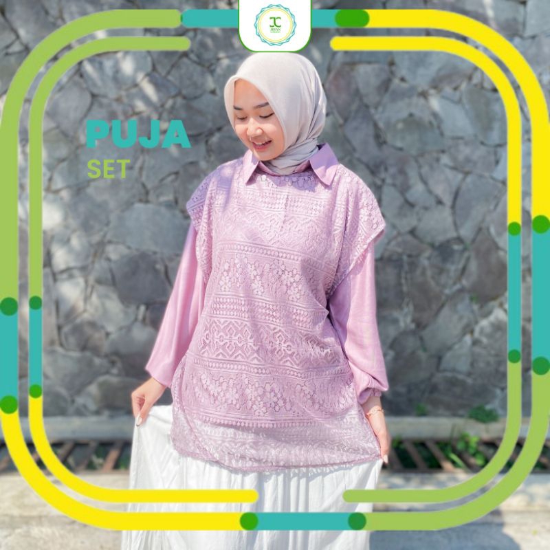 Puja Set Atasan Kemeja Wanita Set Luaran Brukat Bahan Katun Twill