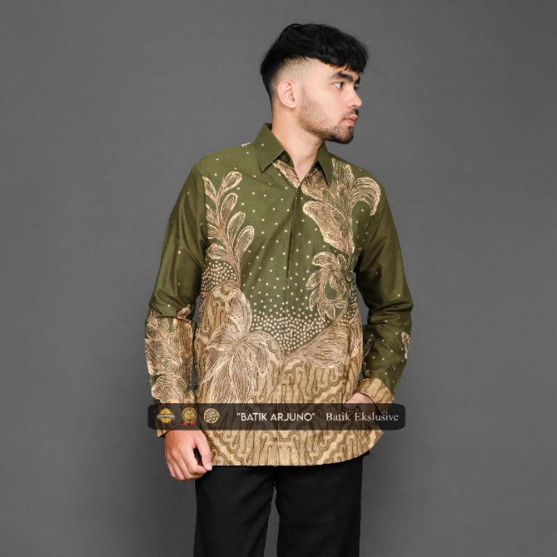 kemeja baju batik pria lapis furing ekslusive lengan panjang Anggrek Hijau Lumut ijo