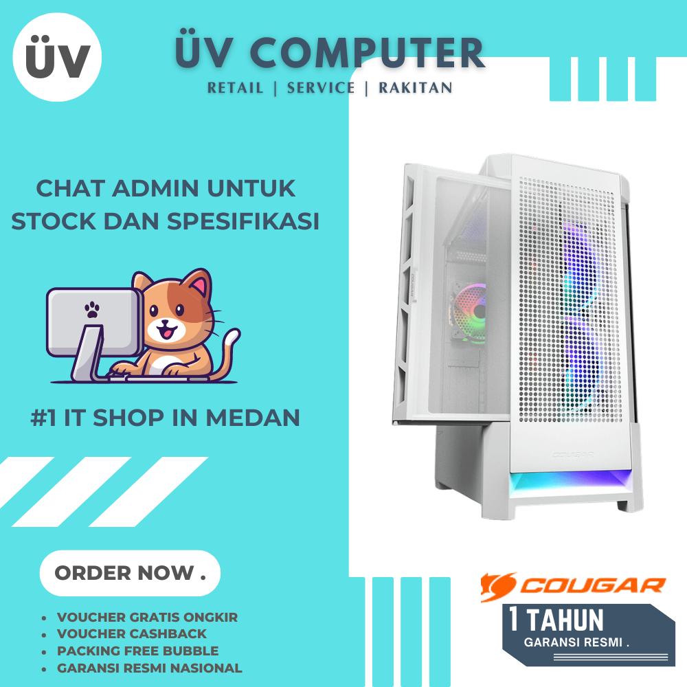 Casing PC Komputer Gaming Cougar Airface RGB | Mid Tower | ATX | 3 Fan RGB Case White Putih