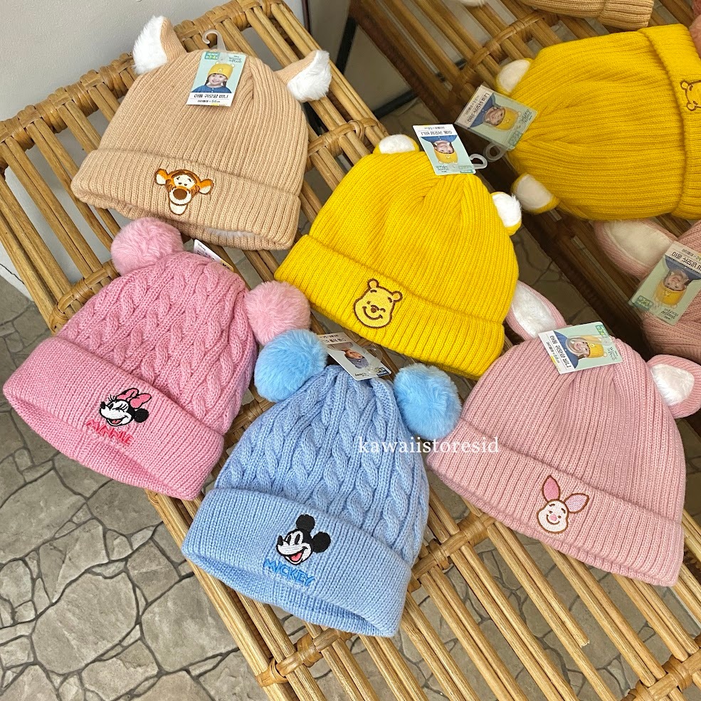 Topi Kupluk Cap Rajut Beanie Hat Daiso Korea Pooh Piglet Toger Mickey Minnie Unik Lucu Gift Hadiah K