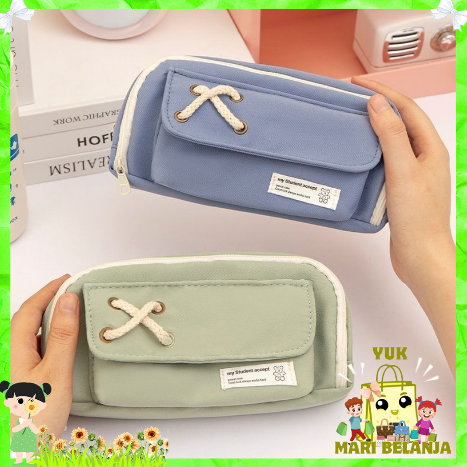 

YMB - Tempat Pensil Model Pita Silang Kotak Pensil Tali Rami Ritsleting Ganda Bahan Kanvas Pouch Tempat Alat Tulis Perlengkapan Sekolah Kantor Dua Sisi Resleting