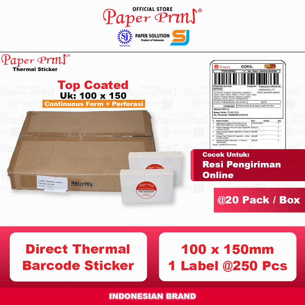 

Kertas Label Thermal 100x150mm Lembar Paperpryns 250 Pcs Sticker Barcode Resi (1 Box isi 20 Pack)