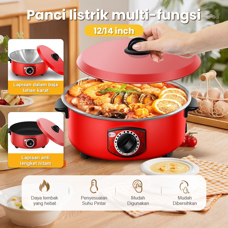 12/14 inch Anti Lengket Fry Pan Elektrik Wajan Enamel Multifungsi Panci Listrik Serbaguna Teflon Bes