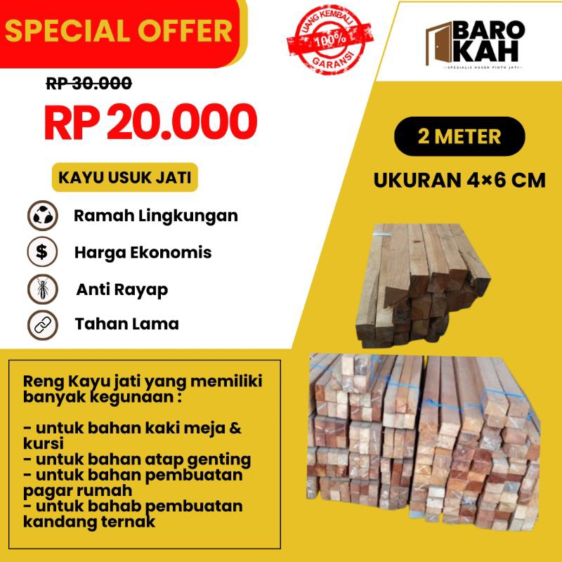Kayu usuk/kaso plafon (Jati murah ukuran 4×6 Cm panjang 2/3/4 meter)