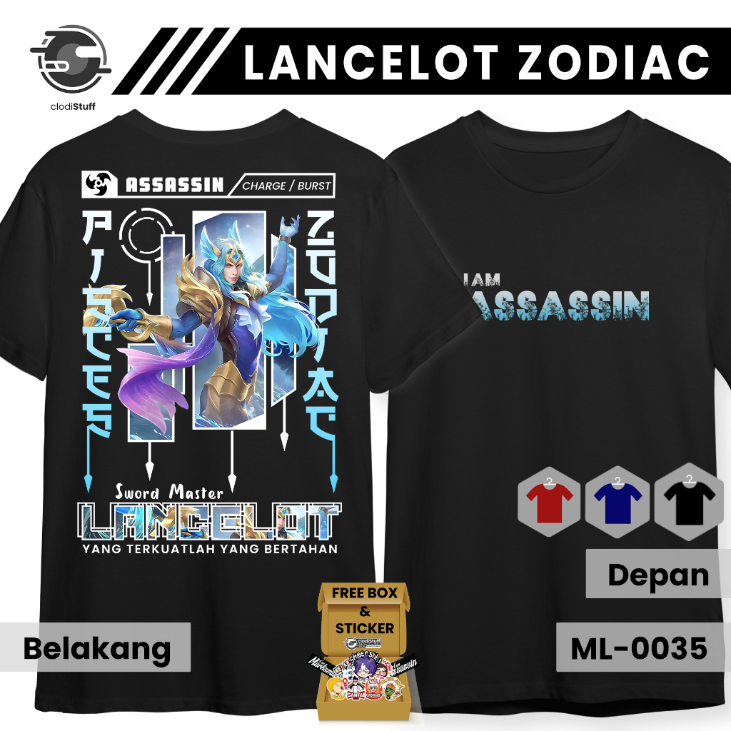 Kaos MLBB LANCELOT SKIN ZODIAC PISCES Mobile Legends Lengan Pendek Hitam Combed 24s Pria Wanita