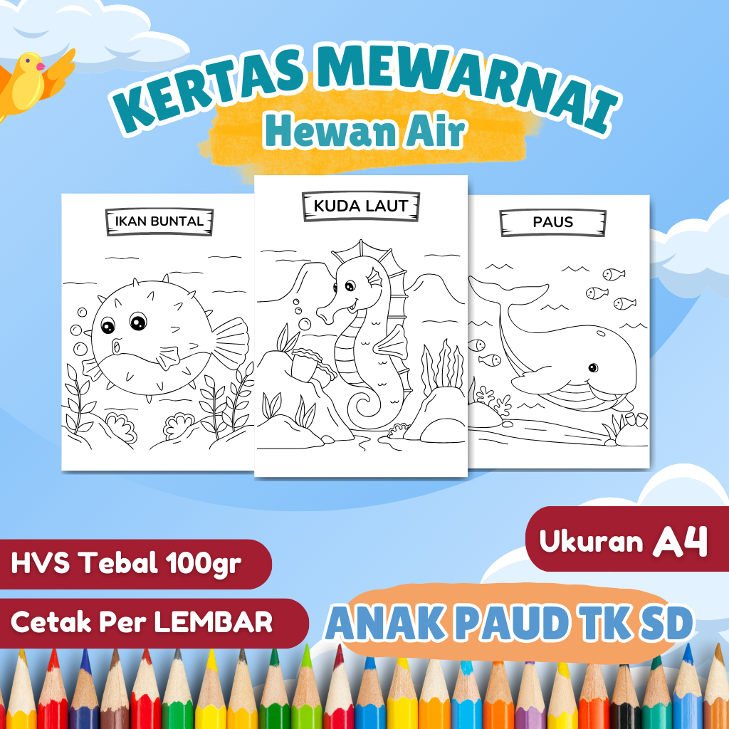 

LEMBAR KERTAS MEWARNAI ANAK PAUD TK SD / KERTAS COLORING PAGES / Gambar Sketsa A4 - Tema Hewan Air