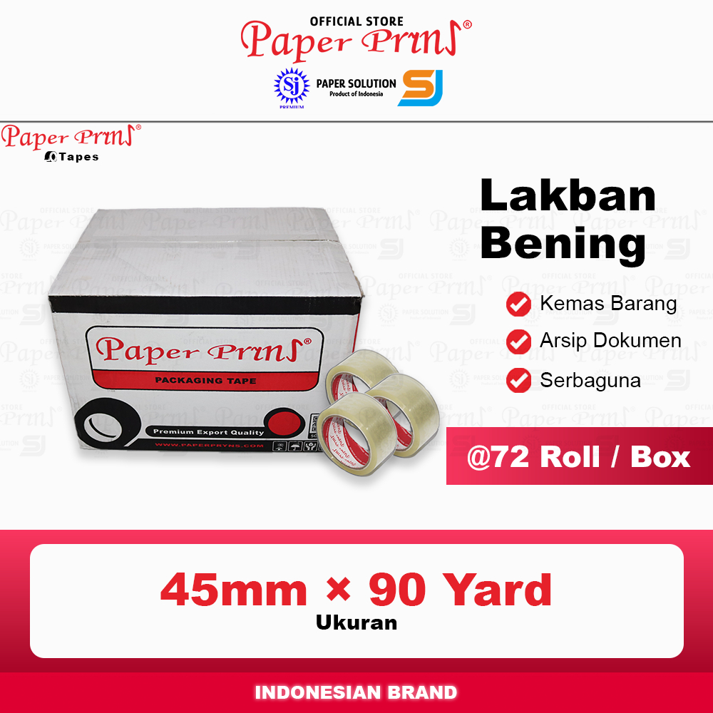 

Lakban Bening Packaging Tape Paperpryns 45mm X 90 yard (@1 Box isi 72 Roll)