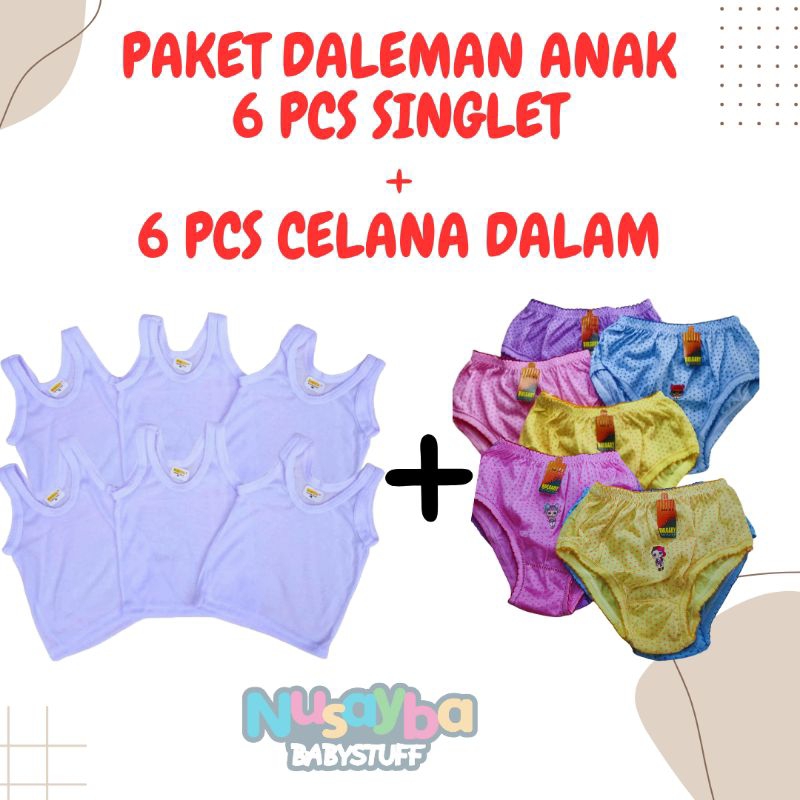 PAKET HEMAT 6 PCS SINGLET POLOS PUTIH ANAK + 6 PCS CELANA DALAM ANAK PEREMPUAN / SINGLET BAYI ANAK U