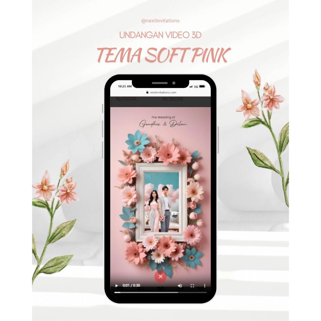Undangan Digital Video 3D Pernikahan Bunga Bunga | Undangan Video 3D Silver Tema Soft Pink