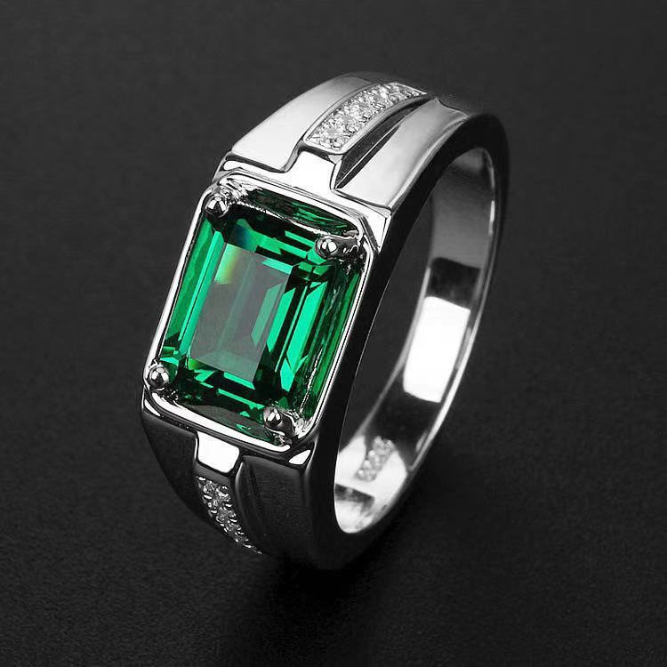 Cincin Emerald Zamrud Zircon / Cincin Silver Batu Hijau Sintetis Simple Casual Pria Wanita / Adjusta