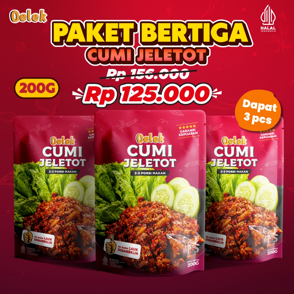 

Paket Bertiga Cumi Jeletot Oelek - 3 Pack Cumi Jeletot / Cumi Cabe Merah / Lauk Siap Saji