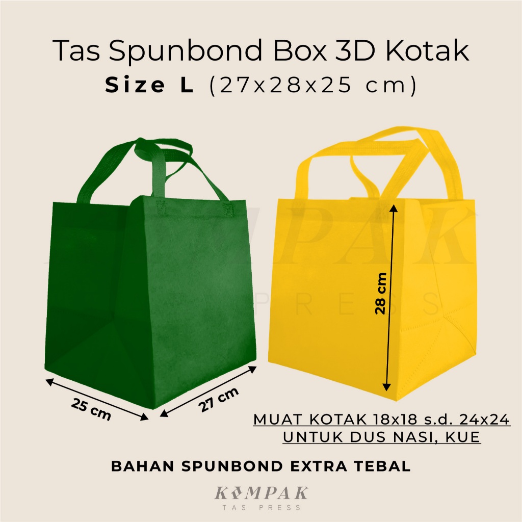 

1 LUSIN / 12 PCS - Tas Spunbond Press Box 3D Kotak 27x28x25 cm Kantong Goodie Bag Dus Kue Nasi Bento Hantaran 18x18 20x20 22x22 24x24cm