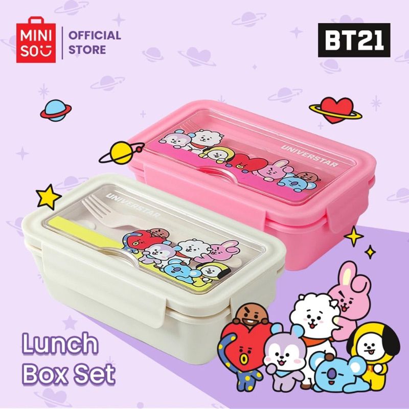 Miniso x BT21 Collection Lunch Box Set Kotak Makan Anti Tumpah Garpu Gratis Tahan Panas dan Suhu Tin