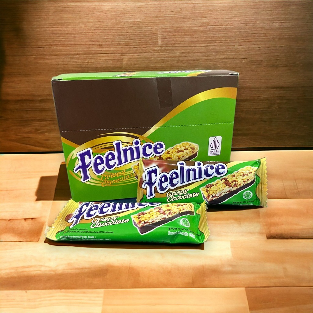 

Feelnice Sereal Bar Crispy Chocolate 15 Gram 1 Pack isi 12pcs / Cereal Bar Sereal Bar Biskuit Wafer Cappuccino Coklat