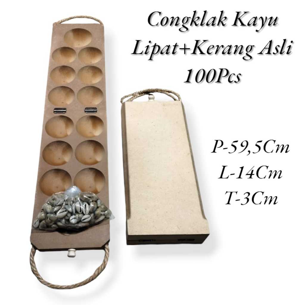 Papan Congklak Kayu Lipat Polos Plus Biji Kerang100 Pcs