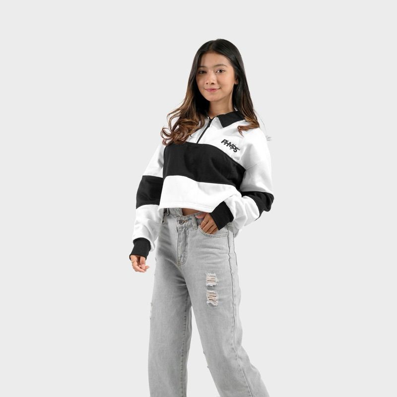 Sweater Rugby Vintage Crop Over Size Putih List Hitam